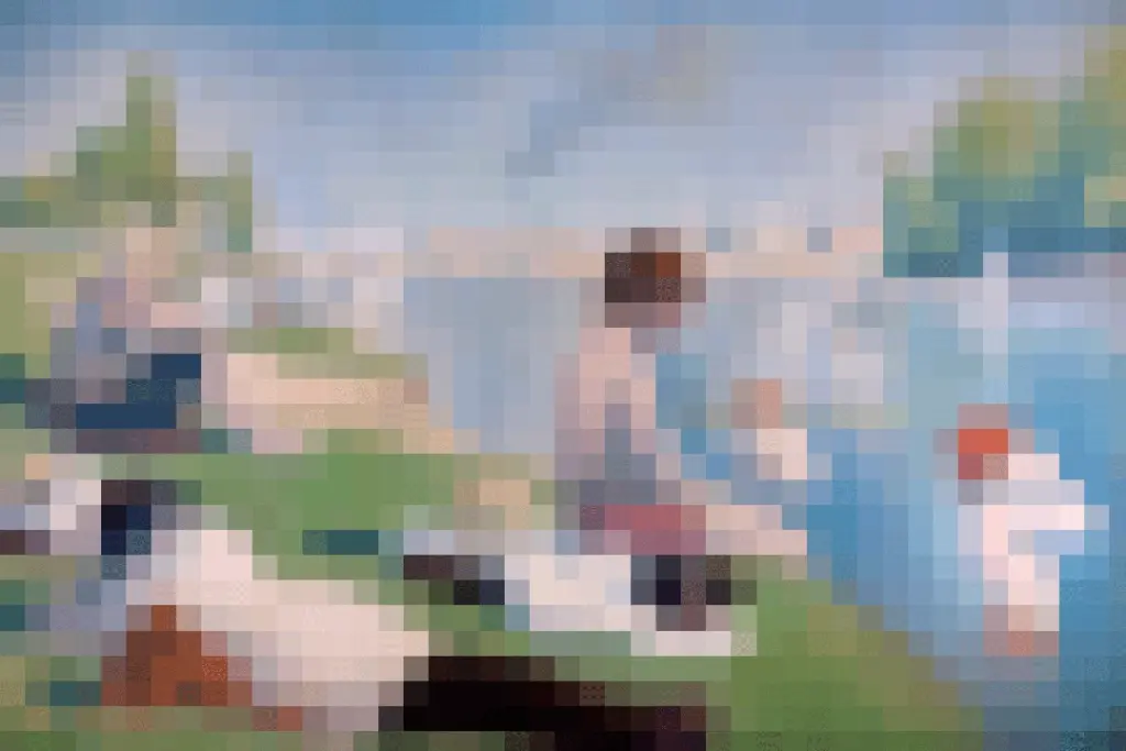 Reprodução Pixelada de Obra de Georges Seurat: Banhistas em Asnières. The National Gallery, Gráfica por Stucky Talents. Londres. Editoria Gráfica por Stucky Talents.