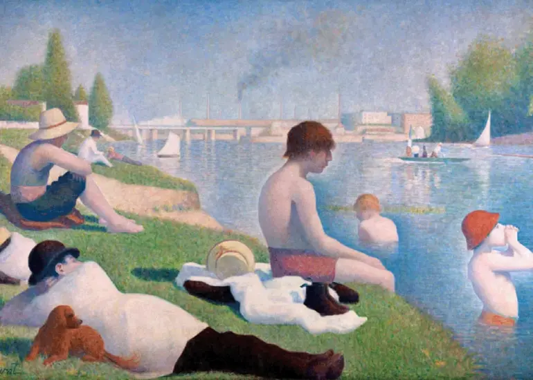 Reprodução de Obra de Georges Seurat: Banhistas em Asnières. The National Gallery, Londres. Editoria Gráfica por Stucky Talents.